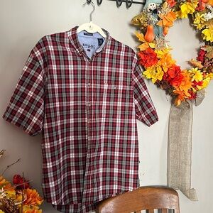 Bugle boy mens size medium no wrinkle button down red and navy plaid